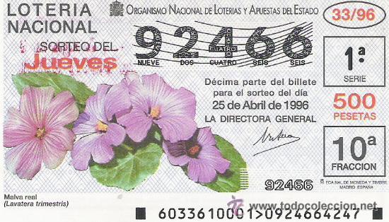 Lotaria Nacional: 1 DECIMO LOTERIA DEL JUEVES - 25 ABRIL 1996 - 33/96 - FLORES Y PLANTAS - MALVA REAL
