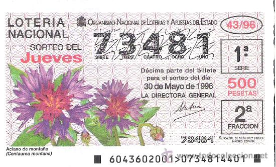 Loterie Nationale: 1 DECIMO LOTERIA DEL JUEVES - 30 MAYO 1996 - 43/96 - FLORES Y PLANTAS - ACIANO DE LA MONTA&Ntilde;A