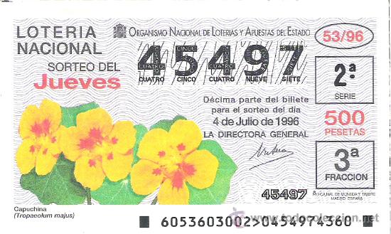 Loterie Nationale: 1 DECIMO LOTERIA DEL JUEVES - 4 JULIO 1996 - 53/96 - FLORES Y PLANTAS - CAPUCHINA