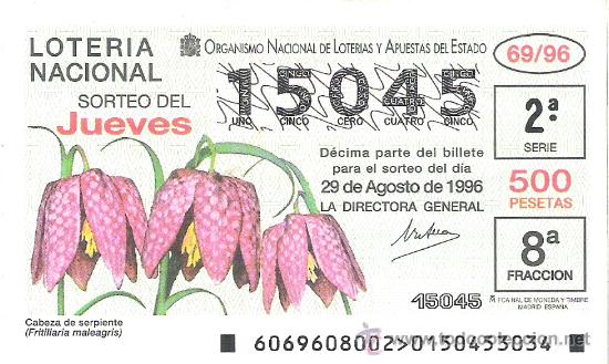 Lotaria Nacional: 1 DECIMO LOTERIA DEL JUEVES - 29 AGOSTO 1996 - 69/96 - FLORES Y PLANTAS - CABEZA DE SERPIENTE