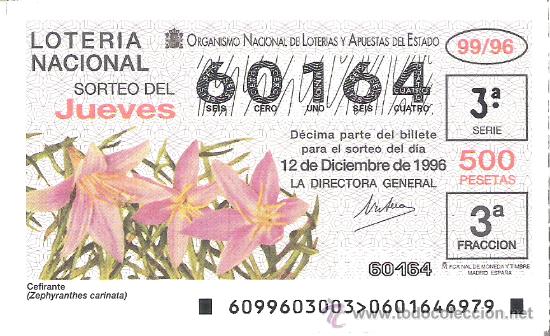 Nationale spanische Lotterie: 1 DECIMO LOTERIA DEL JUEVES - 12 DICIEMBRE 1996 - 99/96 - FLORES Y PLANTAS - CEFIRANTE