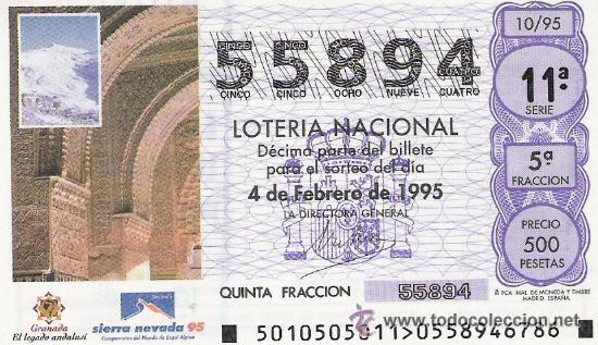 Nationale spanische Lotterie: 1 DECIMO LOTERIA DEL SABADO - 4 FEBRERO 1995 - 10/95 - GRANADA LEGADO ANDALUSI - SIERRA NEVADA 95
