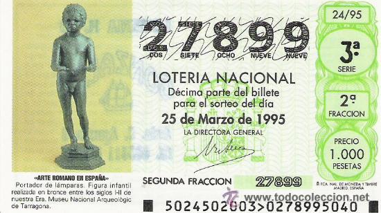 Nationale spanische Lotterie: 1 DECIMO LOTERIA DEL SABADO -25 MARZO 1995 - 24/95 - PORTADOR DE LAMPARAS - MUSEU NACIONAL TARRAGONA