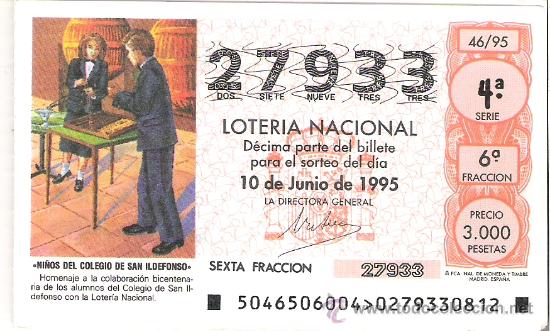 Loterie Nationale: 1 DECIMO LOTERIA DEL SABADO - 10 JUNIO 1995 - 46/95 - NI&Ntilde;OS DEL COLEGIO SAN ILDEFONSO