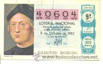 Loter&iacute;a nacional: 9-83-39. Decimo Loteria Nacional. sorteo n&ordm; 39 de 1983. Cristobal Colon