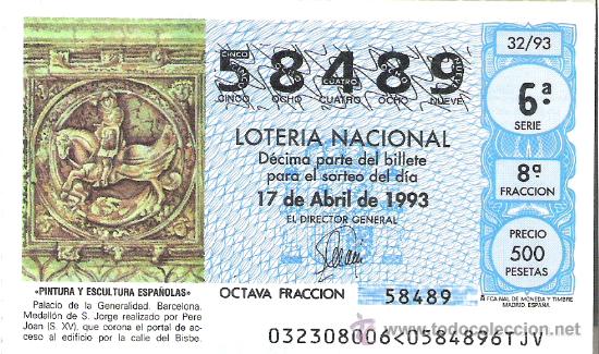Loterie Nationale: 1 DECIMO LOTERIA DEL SABADO - 17 ABRIL 1993 - 32/93 - PALACIO DE LA GENERALIDAD DE BARCELONA