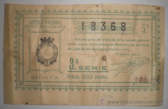 Loter&iacute;a nacional: Loter&iacute;a Nacional &middot; Sorteo n&ordm; 21 &middot; D&eacute;cimo de 5 pesetas &middot; 1933