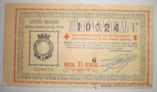 Loter&iacute;a nacional: Loter&iacute;a Nacional &middot; Sorteo n&ordm; 29 &middot; D&eacute;cimo ben&eacute;fico de 25 pesetas &middot; 1936