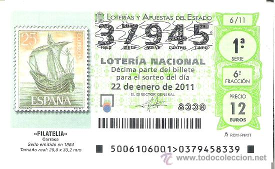 Loterie Nationale: 1 DECIMO LOTERIA DEL SABADO - 22 ENERO 2011 - 6/11 - FILATELIA - SELLOS - SELLO 1964  BARRACA