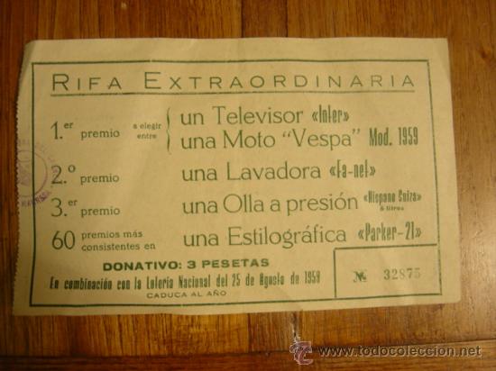 Loter&iacute;a Nacional: BOLETO LOTERIA RIFA EXTRAORDINARIA BENEFICA RESIDENCIA CALDERS (MANRESA) 1959 UNA VESPA,LAVADORA....
