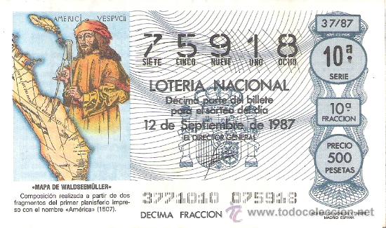Loterie Nationale: 1 DECIMO LOTERIA DEL SABADO - 12 SEPTIEMBRE 1987 - 37/87 - MAPA DE WALDSEEM&Uuml;LLER