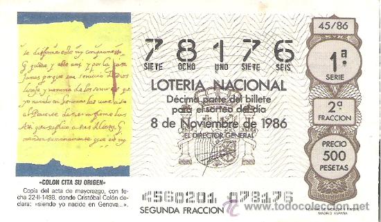 Nationale spanische Lotterie: 1 DECIMO LOTERIA DEL SABADO - 8 NOVIEMBRE 1986 - 45/86 - COLON CITA SU ORIGEN