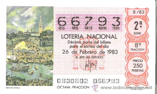 Lotaria Nacional: 1 DECIMO LOTERIA DEL SABADO - 26 FEBRERO 1983 - 8/83 - VISTA DE SEVILLA