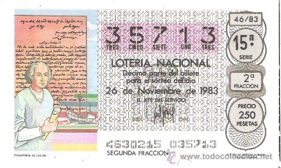 Nationale spanische Lotterie: 1 DECIMO LOTERIA DEL SABADO - 26 NOVIEMBRE 1983 - 46/83 - PASAPORTE DE COLON