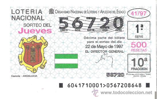 Loterie Nationale: 1 DECIMO LOTERIA DEL JUEVES - 22 MAYO 1997 - 41/97 - ESCUDOS - CAZORLA  ( JAEN ) - ANDALUCIA