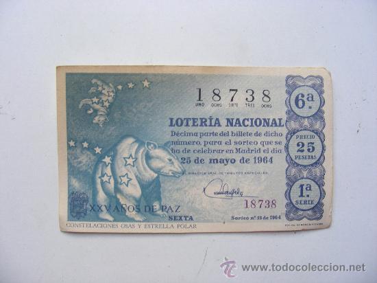 National Spanish Lottery: loteria nacional, n&ordm;18738, sorteo n&ordm;15, 25 de mayo 1964
