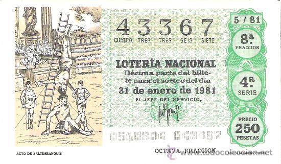 Loterie Nationale: 1 DECIMO LOTERIA DEL SABADO - 31 ENERO 1981 - 5/81 - ACTO DE SALTIMBANQUIS ( VERDE CLARO )