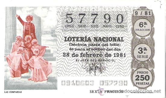 Loterie Nationale: 1 DECIMO LOTERIA SABADO - 28 FEBRERO 1981 - 9/81 - LAS COMPARSAS ( CARNAVALES ) COLOR MARRON