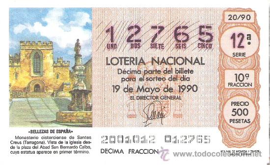 Nationale spanische Lotterie: 1 DECIMO LOTERIA DEL SABADO - 19 MAYO 1990 - 20/90 - MONASTERIO DE SANTES CREUS ( TARRAGONA )