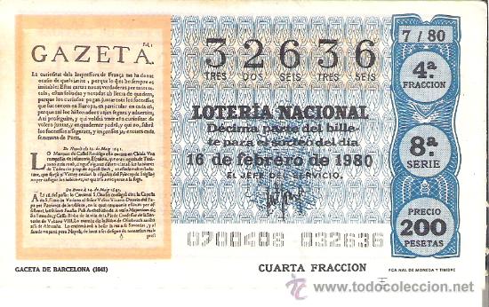 Nationale spanische Lotterie: 1 DECIMO LOTERIA DEL SABADO - 16 FEBRERO 1980 - 7/80 - LA GACETA DE BARCELONA ( COLOR AZUL )