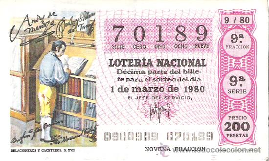 Nationale spanische Lotterie: 1 DECIMO LOTERIA DEL SABADO - 1 MARZO 1980 - 9/80 - RELACIONEROS Y GACETEROS ( COLOR ROJO )