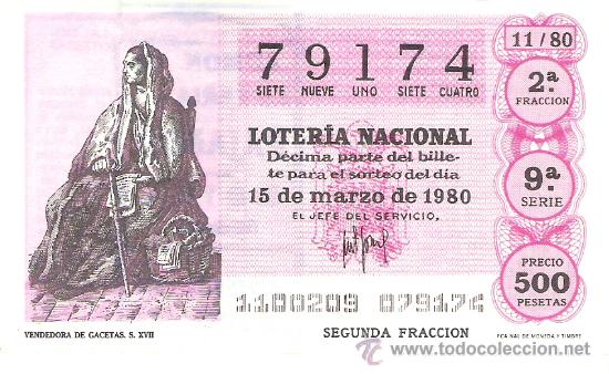 Loter&iacute;a nacional: 1 DECIMO LOTERIA SABADO - 15 MARZO 1980 - 11/80 - VENDEDORA DE GACETAS, PERIODICOS ( COLOR ROSA