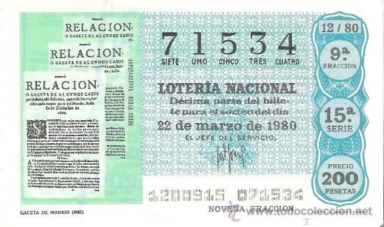 Loter&iacute;a nacional: 1 DECIMO LOTERIA SABADO - 22 MARZO 1980 - 12/80 - GACETA DE MADRID - RELACION ( VERDE AGUA