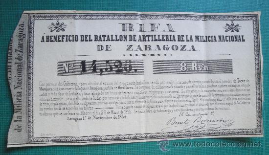 Loterie Nationale: Rifa. Milicia Nacional de Zaragoza. 1854. Torre del Marqu&eacute;s. Miraflores. Loter&iacute;a moderna.