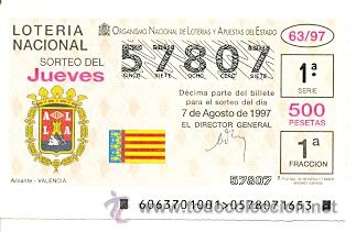 Loter&iacute;a Nacional: 10-6397. Loteria Jueves. Sorteo n&ordm; 63 de 1997. Escudo Alicante. Valencia