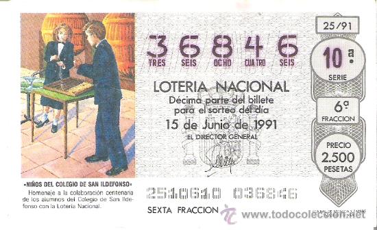 Nationale spanische Lotterie: 1 DECIMO LOTERIA DEL SABADO - 15 JUNIO 1991 - 25/91 - NI&Ntilde;OS DEL COLEGIO DE SAN ILDEFONSO