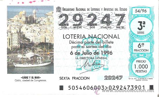 Loter&iacute;a Nacional: 1 DECIMO LOTERIA DEL SABADO - 6 JULIO 1996 - 54/96 - CADIZ Y EL MAR - CIUDAD DE CONGRESOS