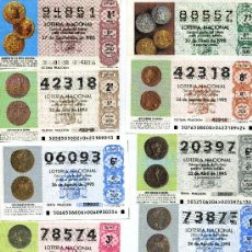 Lotería Nacional: 10 DÉCIMOS LOTERIA NACIONAL, TEMÁTICA DE MONEDAS, 1986-88-95