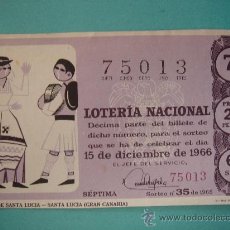 Lotería Nacional: DÉCIMO DE LOTERÍA NACIONAL DEL 15-XII-1966. SORTEO 35/66. FIESTAS DE SANTA LUCÍA -GRAN CANARIA-. Lote 29380195