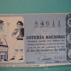 Lotería Nacional: DÉCIMO DE LOTERÍA NACIONAL DEL 15-XII-1966. SORTEO 35/66.FIESTAS DE SANTA LUCÍA (GRAN CANARIA). . Lote 29656423