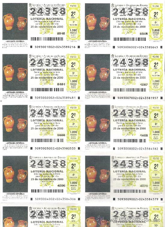 Lotaria Nacional: 1 BILLETE LOTERIA SABADO - 25 NOVIEMBRE 2000 - 93/00 - ARTESANIA ESPA&Ntilde;OLA - VASIJAS BARRO EN HUESCA