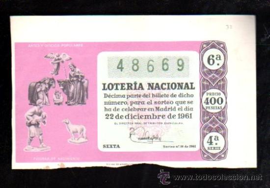 Lotteria Nationale Spagnola: DECIMO LOTERIA NACIONAL. SORTEO N&ordm;36 DE 1961. FIGURAS DE NACIMIENTO