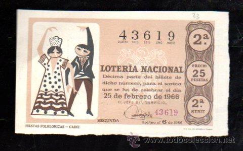 Lotteria Nationale Spagnola: DECIMO LOTERIA NACIONAL. SORTEO N&ordm;6 DE 1966. FIESTAS FOLKLORICAS - CADIZ