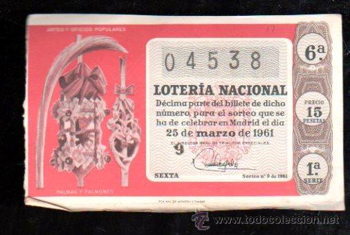 National Spanish Lottery: DECIMO LOTERIA NACIONAL. SORTEO N&ordm;9 DE 1961. PALMAS Y PALMONES