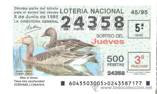Lotaria Nacional: 1 DECIMO LOTERIA DEL JUEVES - 8 JUNIO 1995 - 45/95 - CIEN MILLONARIA - AVES ( ANSAR COMUN )