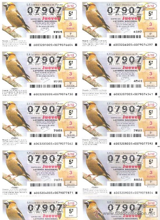 Lotaria Nacional: 1 BILLETE LOTERIA DEL JUEVES - 12 ENERO 2012 - 3/12 - FAUNA - PICOGORDO