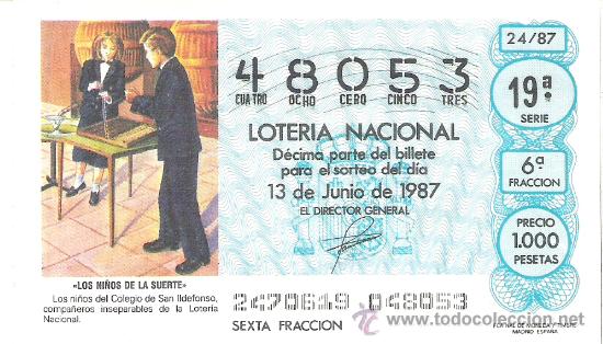 Loterie Nationale: 1 DECIMO LOTERIA DEL SABADO - 13 JUNIO 1987 - 24/87 - NI&Ntilde;OS DEL COLEGIO DE SAN ILDEFONSO