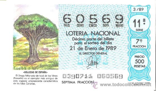 Nationale spanische Lotterie: 1 DECIMO LOTERIA DEL SABADO - 21 ENERO 1989 - 3/89 - DRAGO MILENARIO ICOD DE LOS VINOS ( TENERIFE )