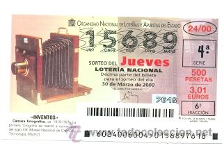 Loter&iacute;a nacional: 10-0024. Loteria del Jueves. Sorteo n&ordm; 24 a&ntilde;o 2000. Inventos. C&aacute;mara Fotogr&aacute;fica