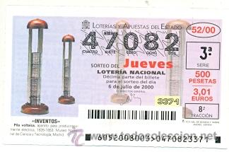 Loter&iacute;a nacional: 10-0052. Loteria del Jueves, sorteo n&ordm; 52 del a&ntilde;o 2000. Inventos. Pila voltaica