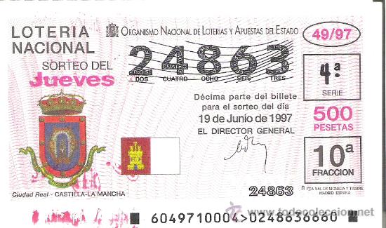 Loterie Nationale: 1 DECIMO LOTERIA DEL JUEVES - 19 JUNIO 1997 - 49/97 - ESCUDOS CIUDADES - CIUDAD REAL ( C. LA MANCHA