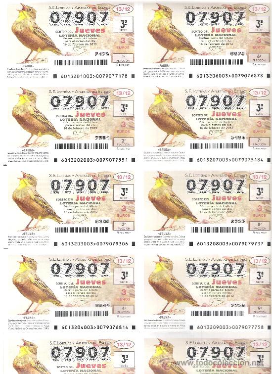 Lotaria Nacional: 1 BILLETE LOTERIA DEL JUEVES - 16 FEBRERO 2012 - 13/12 - FAUNA - AVES - ESCRIBANO HORTELANO