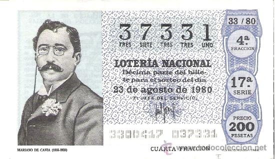 Loterie Nationale: 1 DECIMO LOTERIA SABADO - 23 AGOSTO 1980 - 33/80 - PERIODICOS - MARIANO DE CAVIA ( COLOR AZUL