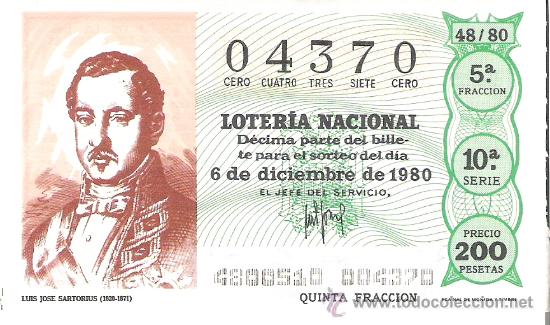 Loterie Nationale: 1 DECIMO LOTERIA SABADO 6 DICIEMBRE 1980 48/80 PERIODICOS - JOSE LUIS SARTORIUS ( COLOR VERDE CLARO