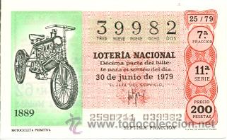 Loter&iacute;a nacional: lotnac79-25. Loteria Nacional sorteo n&ordm; 25 de 1979. Motocicleta Primitiva
