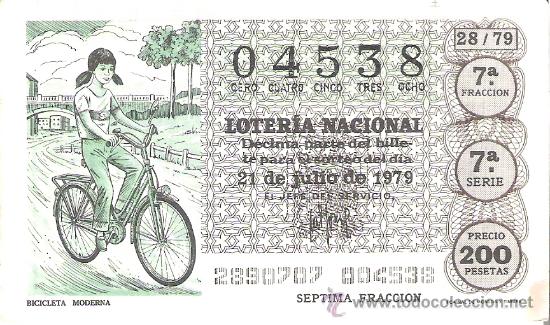 Loterie Nationale: 1 DECIMO LOTERIA SABADO - 21 JULIO 1979 - 28/79 - BICICLETA MODERNA ( COLOR GRIS